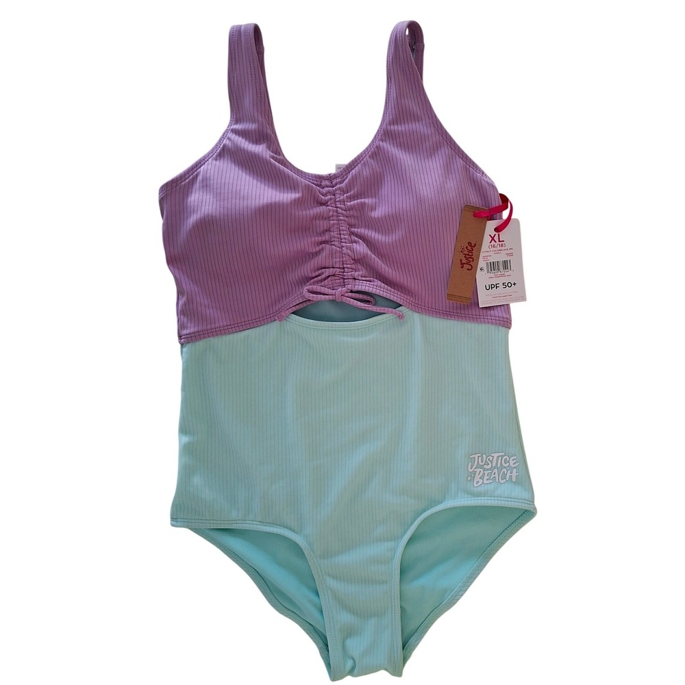Justice One Piece Swimsuit Girls XL 16/18 Purple Mint NWT Ribbed Cutout UPF 50+